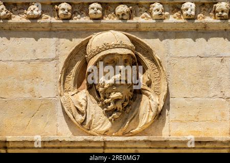 A medaillon on the main façade of the Convent of San Marcos. Former Convento de San Marcos building in León, Castile y Leon. Spain. Present building f Stock Photo