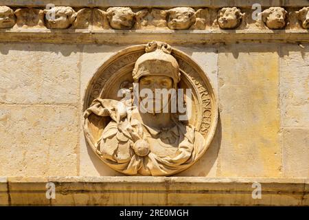 A medaillon on the main façade of the Convent of San Marcos. Former Convento de San Marcos building in León, Castile y Leon. Spain. Present building f Stock Photo