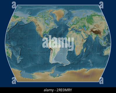 South American tectonic plate on the physical elevation map in the Times projection centered meridionally. Stock Photo