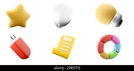 3d rendering yellow star, malware protection, yellow light bulb, usb flash drive, document, color wheel icon set. 3d render ui design concept icon set Stock Photo