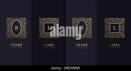 Vector set of logo design templates, brochures, flyers, packaging design in trendy linear art deco, letters in squares. Use for luxury products Stock Vector