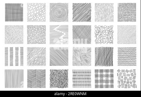 Hand drawn hatching. Hatched squaresdrawing technic, geometric shapes crosshatch strokes, simple doodle sketch design elements. Vector isolated set Stock Vector