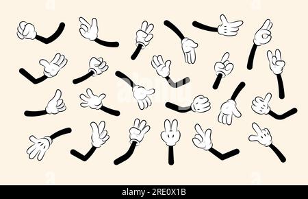 Retro cartoon hands. Cute comic character arms and fingers, glove with pointers and thumbs up gestures. Vector isolated set Stock Vector