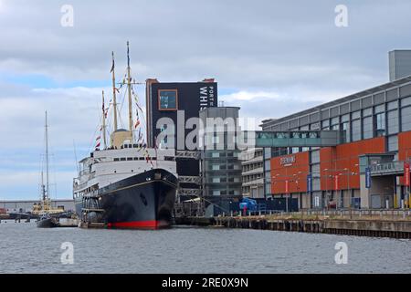 Royal Yacht Britannia, tourist attraction, berthed at Ocean Terminal, Leith docks, Edinburgh, Lothian, Scotland, UK, EH6 6JJ Stock Photo