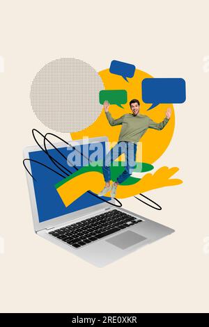 Vertical picture collage artwork illustration man user gadget netbook screen notification sms receive messages isolated on beige background Stock Photo