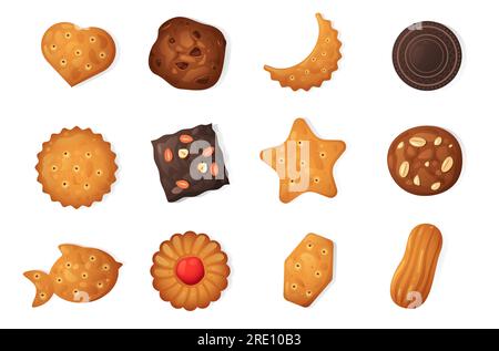 Cartoon cookies. Sweet dessert crackers with cream, sweet snack food for lunch or dinner, flat pastry biscuits. Vector isolated set Stock Vector