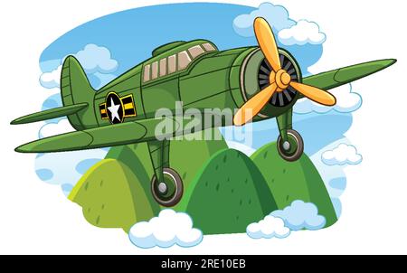 A military classic vintage aircraft flying over a sky with a mountain background, isolated in a vector cartoon illustration style Stock Vector