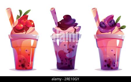 Cartoon set of plastic cups of bubble tea with straw. Vector illustration of colorful cocktails decorated with whipped cream, cranberries, chocolate, brambles and mint leaves. Trendy japanese beverage Stock Vector