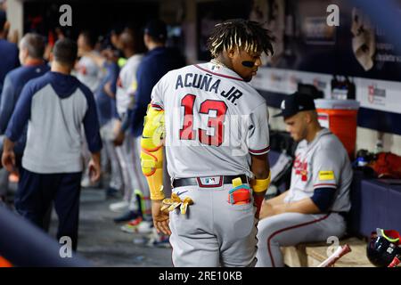 July 23, 2023: Atlanta Braves right fielder Ronald Acuna Jr. (13)  celebrates in the dugout after scoring during the game between the  Milwaukee Brewers and the Atlanta Braves at American Family Field