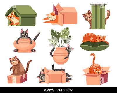 Cute cat hiding. Funny domestic cat faces with curious emotion, funny playful kitty animals in spy pose. Vector flat collection Stock Vector