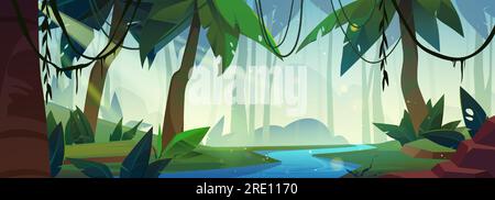 Tropical forest landscape with river. Vector cartoon illustration of jungle wood with exotic green plants, sunlight beams, liana vines on tree branches above blue water. Adventure game background Stock Vector
