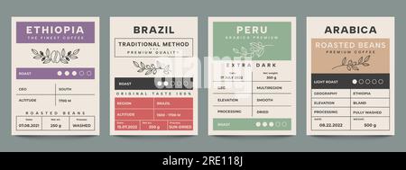 Coffee packaging banner. Vintage minimal label with arabica coffee sticker and brand name stamp, coffee rostery logo. Vector retro package layout Stock Vector