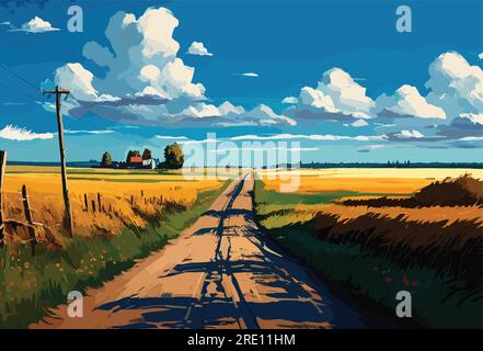 Sunny road. Field country . Colorful sunny summer bright fields Stock Vector
