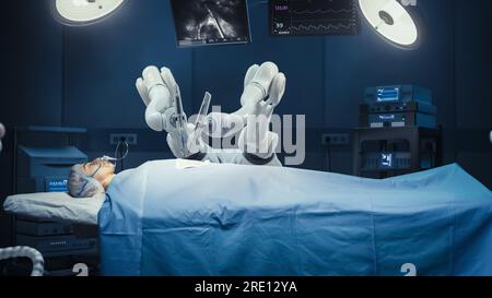 Modern Hospital: Surgery Patient Laying On Surgical Table While Robot Arms Performing High-Precision Nanosurgery. Automated And Programmable Robotic Stock Photo