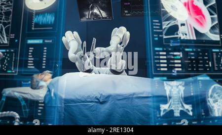 Surgeon Wearing AR Headsets And Using High-Precision Remote Controlled Robot Arms To Operate On Patient In Hospital. Doctor Controlling Robotic Limbs Stock Photo