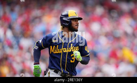 Milwaukee Brewers' Raimel Tapia plays during a baseball game, Tuesday, July  18, 2023, in Philadelphia. (AP Photo/Matt Slocum Stock Photo - Alamy