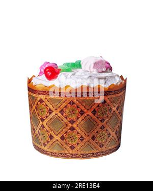 Homemade Kulich isolated on white background. Baked Easter cake decorated white icing, marshmallows, candy cut out. Paschal traditional sweet bread de Stock Photo
