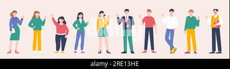 People greeting and say hello. Welcome characters, teens and adults. Cartoon women men wave hands, ethnic diverse group students splendid vector set Stock Vector