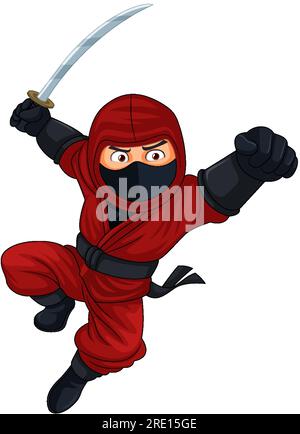 Ninja Jumping and Brandishing Sword illustration Stock Vector