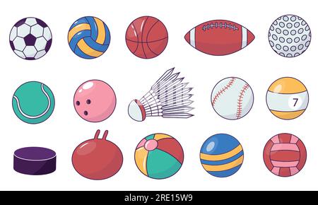 Game ball colletion. Cartoon billiard football and ping-pong balls, leisure sports equipment, flat colorful collection of spheres. Vector isolated set Stock Vector