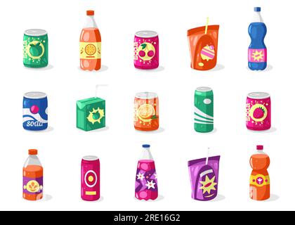 Drinks in bottles and cans. Cartoon aluminum, glass and plastic cans with different beverages, energy drink, alcohol, alcoholic beverage Stock Vector