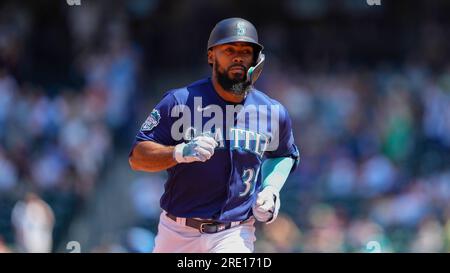 Seattle Mariners third baseman Eugenio Suarez throws to first base against  the Detroit Tigers in a baseball game, Saturday, July 15, 2023, in Seattle.  (AP Photo/Lindsey Wasson Stock Photo - Alamy