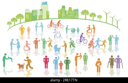 City silhouette with groups of people in leisure time in residential area,  Cut Out - Neutral Background, pictogram illustration Stock Vector