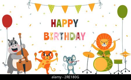 Holiday birthday party animal banner. Animals playing musical instruments, wild music band children characters. Celebrating classy vector poster Stock Vector