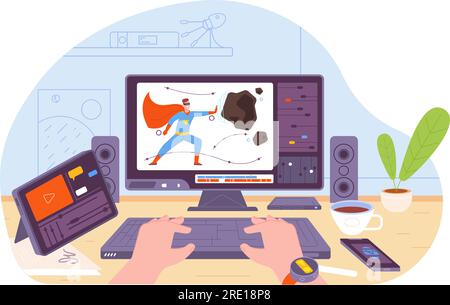 Creator video animations. Computer screen of motion designer animator, game artist pc desk software for creating editor graphic art studio workplace vector of process screen animator illustration Stock Vector