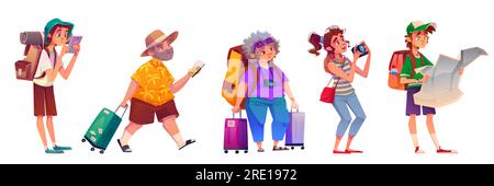 People tourists in travel. Tourism, trip and sightseeing concept with men and women characters with backpacks, suitcases, map, camera and mobile phone, vector cartoon set Stock Vector