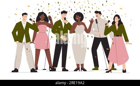 People at karaoke party. Cartoon club and bar singers and musicians, colorful entertainment and music concept. Vector illustration Stock Vector