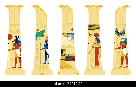Egyptian pillar. Ancient broken columns with ornamental shapes, temple building decorative elements 2d style. Vector isolated set Stock Vector