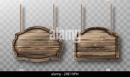 Wooden boards hang on ropes set. Realistic signboards with wood texture, banners or labels for bar or saloon in rustic style. Blank vintage plank panels for menu or pub entrance 3d vector illustration Stock Vector