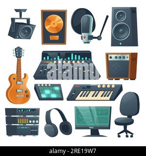 Music studio equipment isolated on white background. Vector cartoon set of sound recording tools, guitar and synthesizer, audio mixer, amplifier and microphone. Professional music workstation Stock Vector