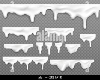 Realistic dripping milk drops, melted white liquid yoghurt, mayonnaise splashes, glossy seamless cream border with falling droplets, molten texture isolated on transparent background, 3d vector mockup Stock Vector