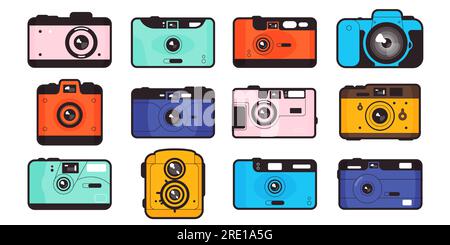 Vintage photography camera. Old analog mechanical equipment for taking photographs, retro studio camera with lens. Vector flat set Stock Vector