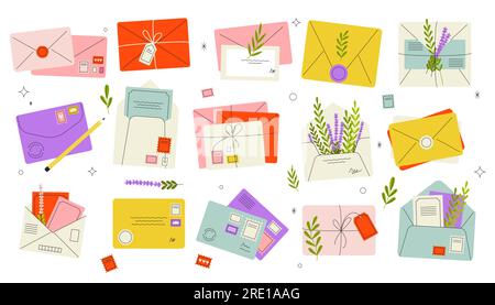 Cartoon envelopes with letters. Open and closed blank postcards with address and stamp, send and receive greeting cards mockup with postmarks. Vector Stock Vector
