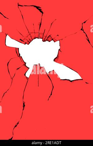 Abstract red glass with cracks and hole and white background in the middle. Illustration with destruction effect Stock Photo