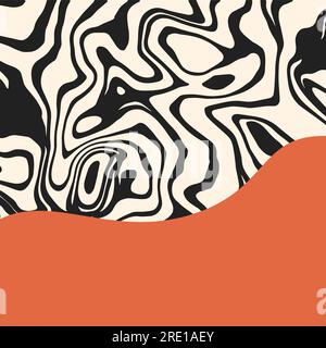 Abstract psychedelic groovy background with black waves and copy space. Liquid marble texture. Square design for social media, cover, print, sale Stock Vector