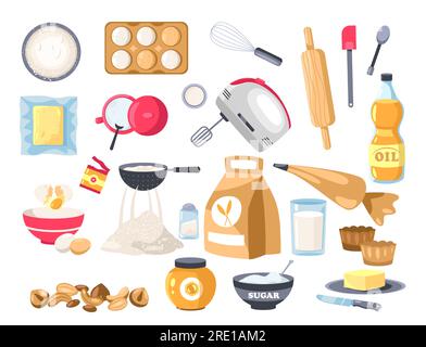Bakery ingredients. Cartoon flour, sugar and eggs with utensils for baking desserts, flat food packaging design. Vector food set Stock Vector
