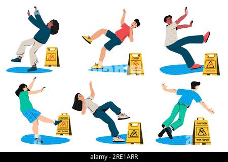 People slip on wet floor. Yellow caution sign, fall down accident, health hazard and danger. Vector man and woman stumble down on wet surface Stock Vector