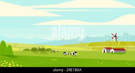 Farm horizontal landscape scene with farm animals illustration Stock ...