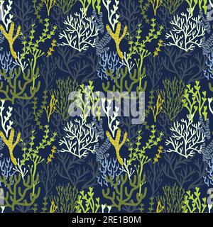 Seaweeds pattern. Seamless print of aquatic plants and nature, wallpaper background with cartoon blue algae, endless marine wrapping paper and textile Stock Vector