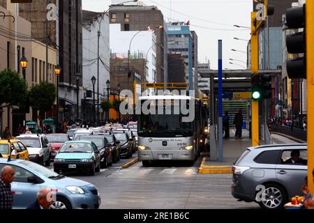 El Metropolitano C Line public bus at Estacion Tacna on Av Emancipación in central Lima, Peru Stock Photo