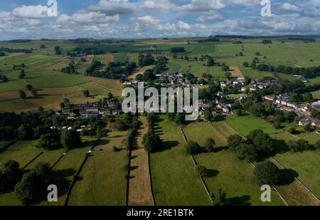 Aerial drone view of Monyash Village in Peak district , Derbyshire, England Stock Photo