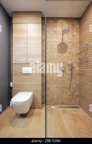 Modern bathroom interior with shower cabin and white toilet bowl Stock Photo