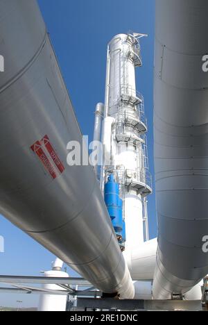 The Tereos plant, mainly dedicated to the production of bioethanol, in Lillebonne (northern France). Distillation columns. Stock Photo