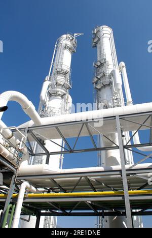 The Tereos plant, mainly dedicated to the production of bioethanol, in Lillebonne (northern France). Distillation columns. Stock Photo