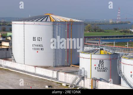 The Tereos plant, mainly dedicated to the production of bioethanol, in Lillebonne (northern France). Ethanol storage tanks. Stock Photo