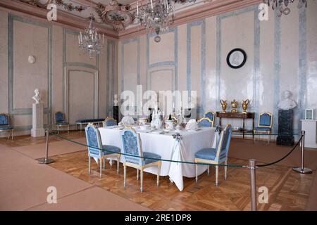 Rundāle Palace interior, dining room. The dining table is set Stock Photo